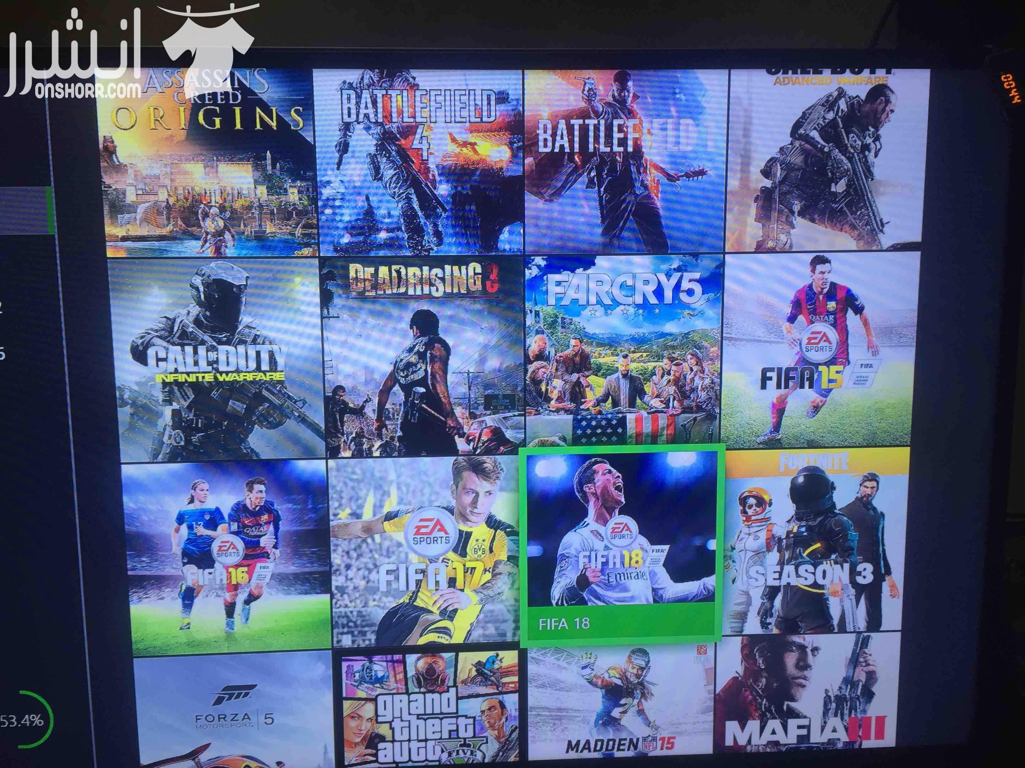 Xbox one with 3 controller With some cd’s And with new download games like Gta5/fifa18/pes18/wwe2k18/battlefield 1/battlefield 4/far cry5/mafia 3....etc Note:في ايدتين القير خربان فيهم