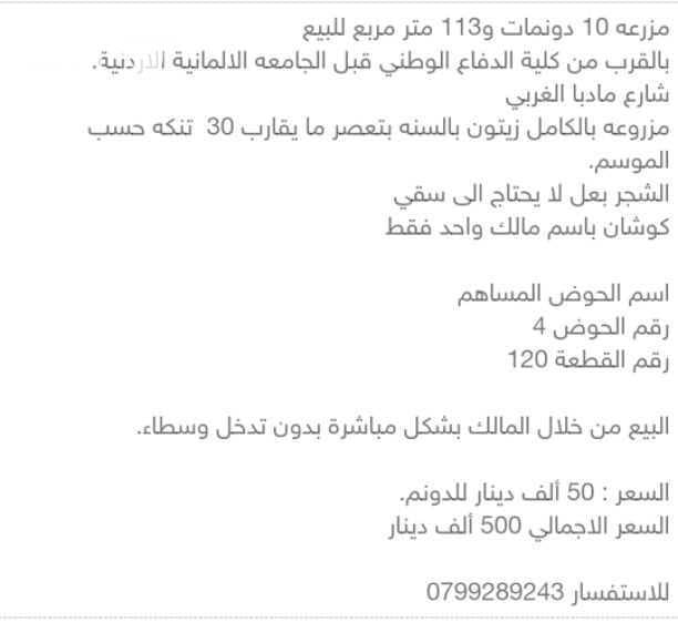 مزرعة للبيع فق منطقة حسبان مادبا مساحة 10 دنمات مزروعه بالكامل زيتون التفاصيل في الصور سعر الدنم ٤٥ ألف للتواصل 0799289243