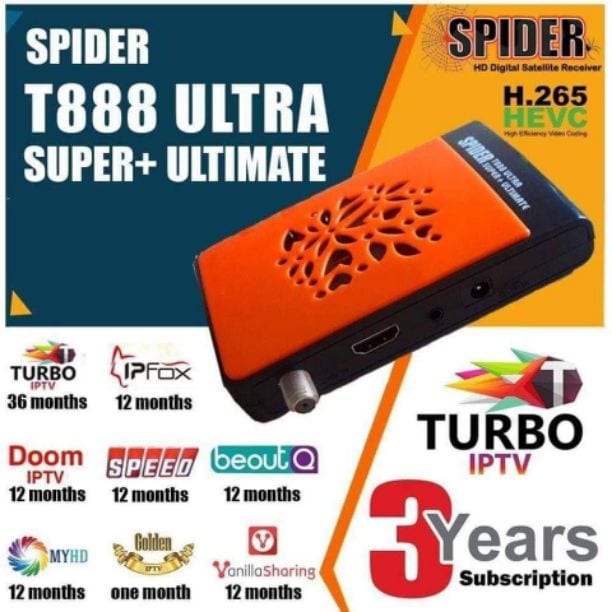 SPIDER T888 ultra super ultimate
* اشتراك turbo لمده ٣ سنوات
*اشتراك doom iptv لمده عام
*اشتراك ipfox لمده عام
*اشتراك myhd iptvلمده عام
*اشتراك speed iptv لمده عام
*اشتراك Golden iptv لمده شهر...