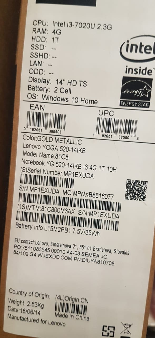 Lenovo yoga 520
لا تنسَ أنك شاهدت هذا الإعلان في عنكبوت
CPU: intel i3- 7020u
Ram: 4G
HDD: 1T...