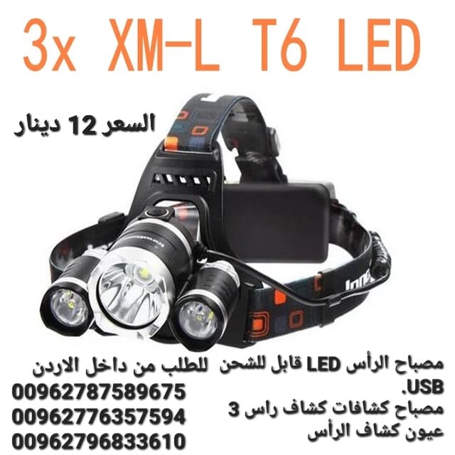 مصباح الرأس LED قابل للشحن USB. مصباح كشافات كشاف راس 3 عيون كشاف الرأس ذوثلاث أوضاع للاضاءة لعشاق الصيد والرياضات الجبلية ومحبي الترحال