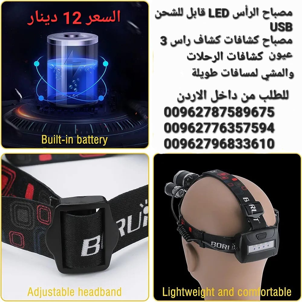 مصباح الرأس LED قابل للشحن USB. مصباح كشافات كشاف راس 3 عيون كشاف الرأس ذوثلاث أوضاع للاضاءة لعشاق الصيد والرياضات الجبلية ومحبي الترحال