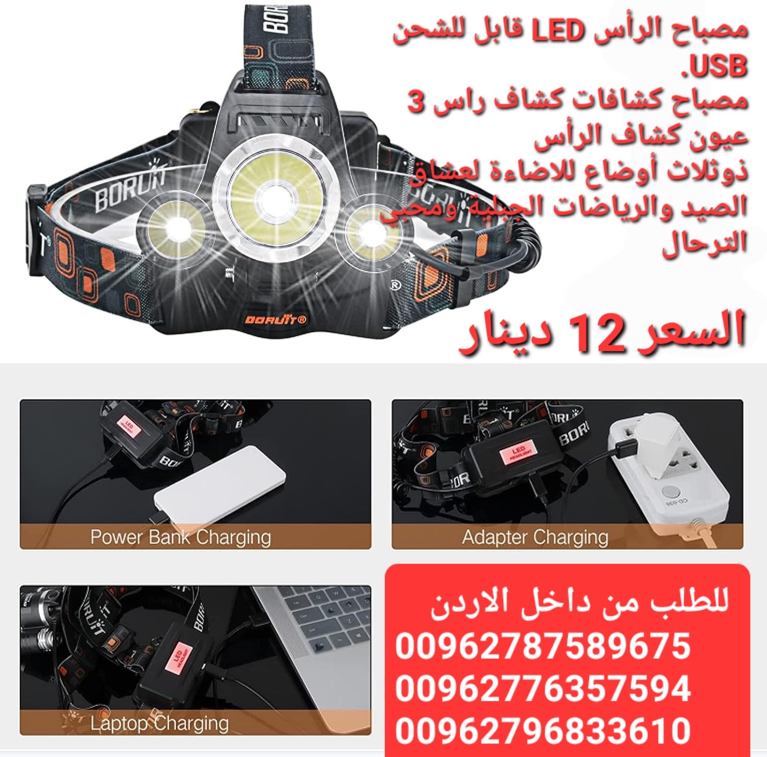 مصباح الرأس LED قابل للشحن USB. مصباح كشافات كشاف راس 3 عيون كشاف الرأس ذوثلاث أوضاع للاضاءة لعشاق الصيد والرياضات الجبلية ومحبي الترحال