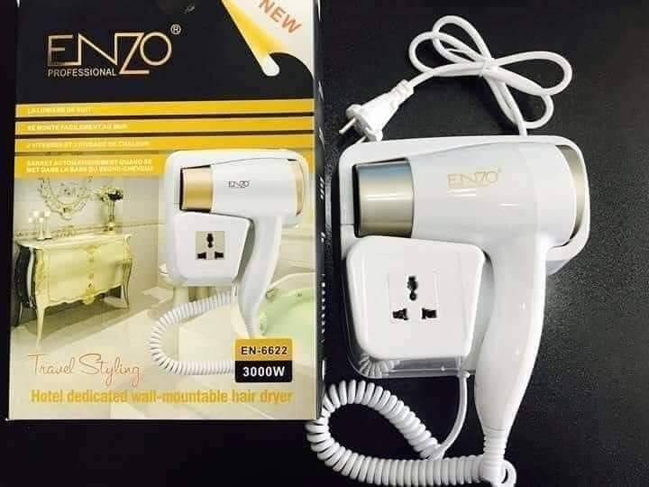 مجفف الشعر الكهربائي معلق على الحائط Enzo مجفف شعر فاخر ومتين للاستخدام في المنزل والحمام وصالون التجميل يثبت على الحائط من انزو 3000 وات - EN-6622 (ابيض)